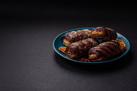 Delicious sweet chocolate cakes with fruit filling and sprinkles on a ceramic plate on a dark...