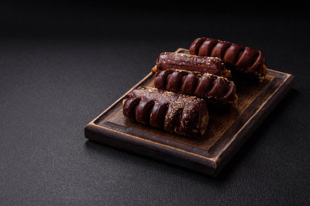 Delicious sweet chocolate cakes with fruit filling and sprinkles on a ceramic plate on a dark...