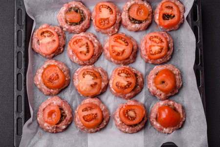 Delicious baked meat boats with mushrooms, cheese, salt and spices on a dark concrete backgroundの写真素材