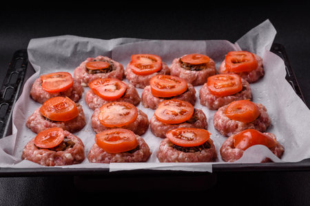 Delicious baked meat boats with mushrooms, cheese, salt and spices on a dark concrete backgroundの写真素材