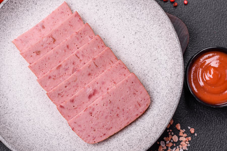 Delicious canned pink ham with salt, spices and herbs on a dark concrete background