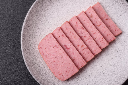 Delicious canned pink ham with salt, spices and herbs on a dark concrete background