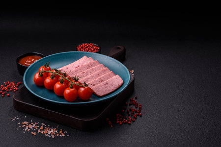Delicious canned pink ham with salt, spices and herbs on a dark concrete background