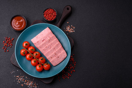 Delicious canned pink ham with salt, spices and herbs on a dark concrete backgroundの写真素材