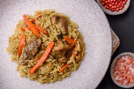 Delicious pilaf with vegetables, salt, spices and herbs in a ceramic plate on a dark concrete...