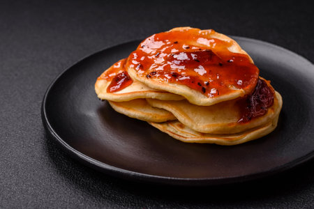 Fresh baked pancakes with delicious jam on a ceramic plate on a dark concrete background