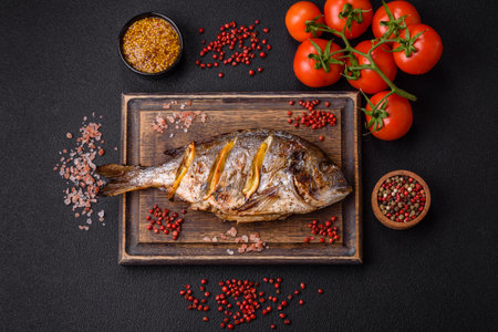 Delicious dorado baked on the grill with salt, spices and herbs on a dark textured background