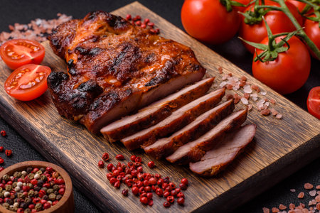 Fresh juicy delicious beef steak on a dark background. Meat dish with spices and herbsの写真素材