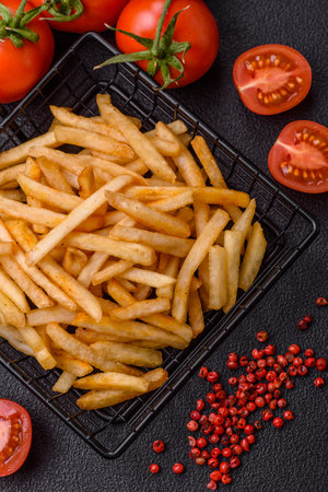 Delicious crispy golden fries with salt and spices on a dark concrete background