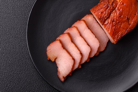Delicious smoked meat chicken breast with salt, spices and herbs on a dark concrete backgroundの写真素材
