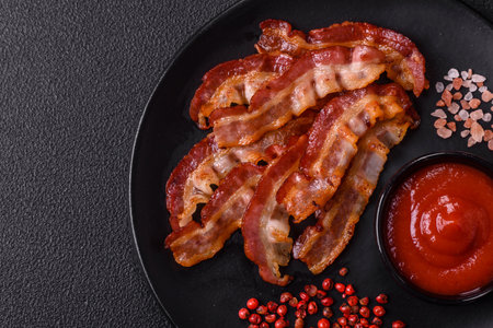 Delicious fresh fried bacon with salt and spices on a dark background as an ingredient for preparing...