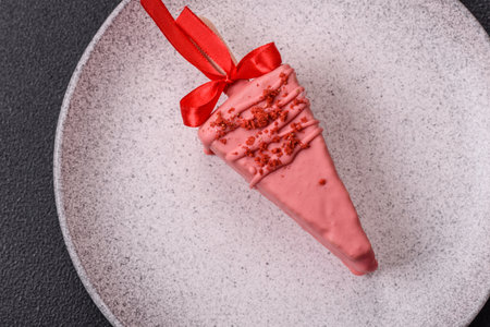 Delicious sweet cheesecake with fruits covered with icing with a wooden stick on a dark concrete backgroundの写真素材