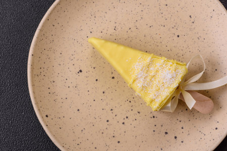 Delicious sweet cheesecake with fruits covered with icing with a wooden stick on a dark concrete...