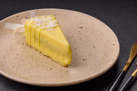 Delicious sweet cheesecake with fruits covered with icing with a wooden stick on a dark concrete backgroundの写真素材