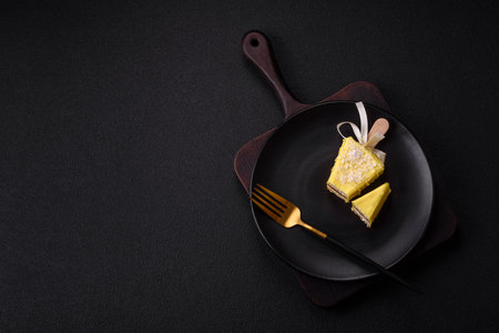 Delicious sweet cheesecake with fruits covered with icing with a wooden stick on a dark concrete backgroundの写真素材