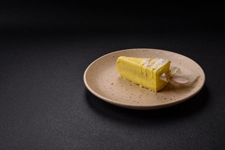 Delicious sweet cheesecake with fruits covered with icing with a wooden stick on a dark concrete backgroundの写真素材