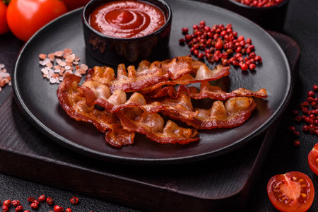 Delicious fresh fried bacon with salt and spices on a dark background as an ingredient for preparing a hearty breakfastの写真素材