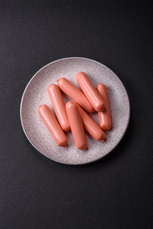 Delicious fresh vegetarian sausage or sausage made from vegetable protein tofu or seitan legumes, lean wheat with salt and spices on texture backgroundの写真素材
