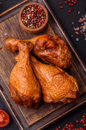 Delicious chicken legs baked on the grill with salt, spices and herbs on a textured concrete backgroundの写真素材