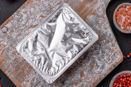 Rectangular plastic box with yogurt or cheese hermetically sealed with a foil lid on a dark concrete backgroundの写真素材