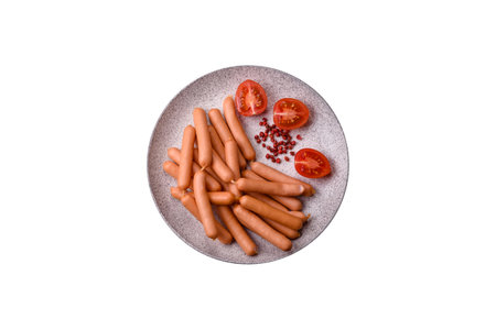 Delicious fresh small vegetarian sausages with salt, spices and herbs on a dark concrete backgroundの写真素材