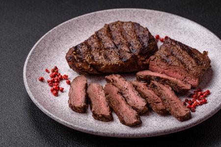 Fresh juicy delicious beef steak on a dark background. Meat dish with spices and herbsの写真素材