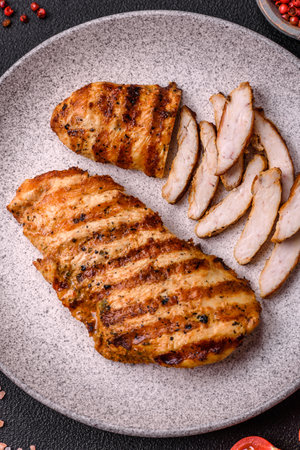 Delicious fresh grilled chicken fillet with spices and herbs on a dark concrete background. A dish cooked over fireの写真素材