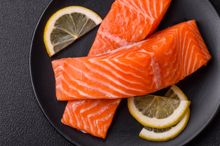 Fresh raw salmon steak with spices and herbs prepared for grilled baking. Healthy seafood food