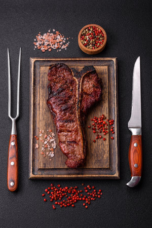 Delicious juicy beef tbone steak with salt, spices and herbs on a dark concrete backgroundの写真素材
