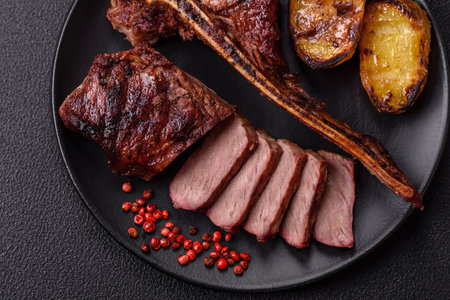 Delicious juicy beef tbone steak with salt, spices and herbs on a dark concrete background