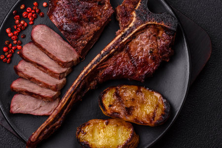 Delicious juicy beef tbone steak with salt, spices and herbs on a dark concrete background