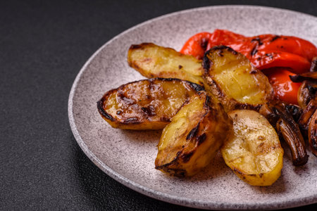 Delicious juicy grilled vegetables potatoes, tomatoes, peppers, eggplant with salt, spices and herbs on a dark concrete backgroundの写真素材