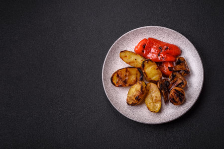 Delicious juicy grilled vegetables potatoes, tomatoes, peppers, eggplant with salt, spices and herbs on a dark concrete backgroundの写真素材