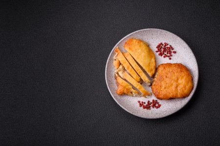 Delicious meat fried with Dijon mustard with salt, spices and herbs on a dark concrete backgroundの写真素材