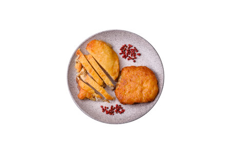 Delicious meat fried with Dijon mustard with salt, spices and herbs on a dark concrete backgroundの写真素材