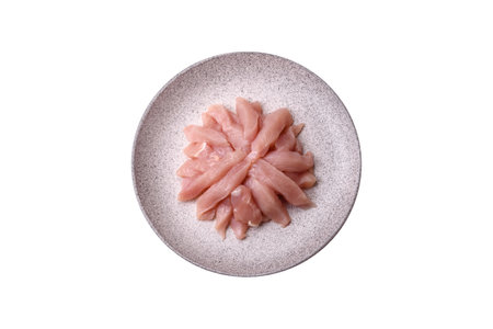 Fresh chicken fillet on a dark concrete table with spices and herbs. Preparation for cooking meat dishesの写真素材