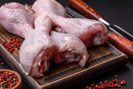 Fresh raw chicken legs with salt and spices on dark concrete backgroundの写真素材