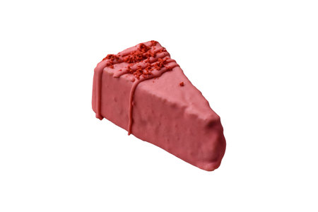 Delicious sweet cheesecake with fruits covered with icing with a wooden stick on a dark concrete backgroundの写真素材