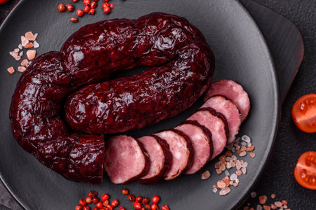 Delicious black blood sausage or black pudding with spices and herbs grilled on a black concrete...