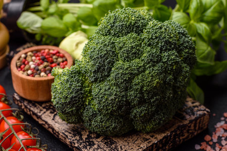 Fresh raw green broccoli in the form of a branch as an ingredient for cooking food at home on a dark...
