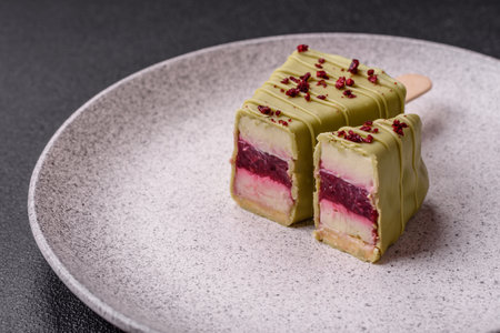 Delicious sweet cheesecake with fruits covered with icing with a wooden stick on a dark concrete backgroundの写真素材