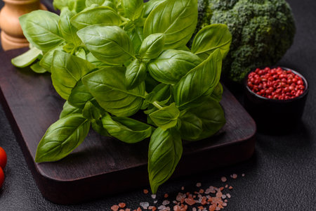 Fresh herbs basil in the form of a bush as an ingredient for cooking at home on a dark concrete backgroundの写真素材