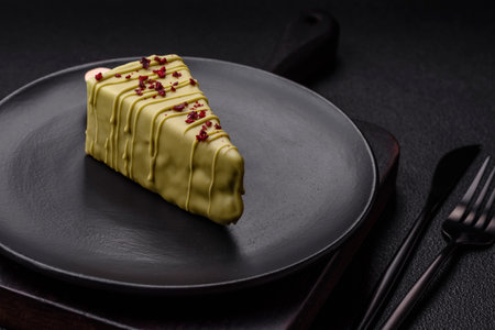 Delicious sweet cheesecake with fruits covered with icing with a wooden stick on a dark concrete...
