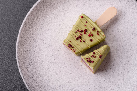 Delicious sweet cheesecake with fruits covered with icing with a wooden stick on a dark concrete backgroundの写真素材