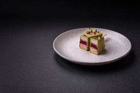 Delicious sweet cheesecake with fruits covered with icing with a wooden stick on a dark concrete...