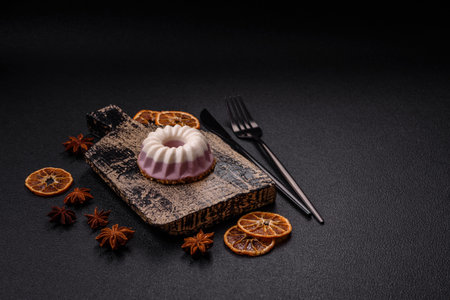 Delicious round pink and white cheesecake lactose-free, sugar-free, healthy nutrition on a dark concrete backgroundの写真素材