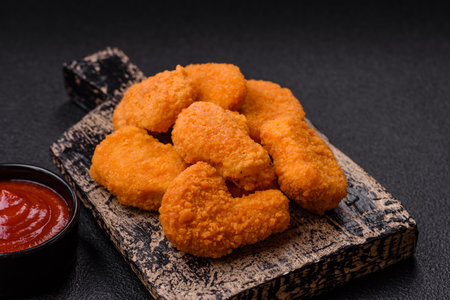 Delicious fresh crispy chicken nuggets on a dark concrete background. Unhealthy food, fast foodの写真素材