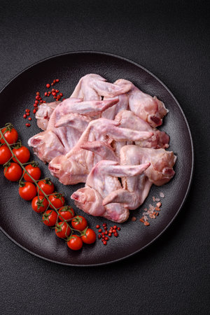 Fresh chicken wings with salt, spices and herbs on a dark concrete backgroundの写真素材