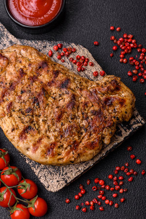 Delicious juicy pork steak with salt, spices and herbs on a dark concrete backgroundの写真素材