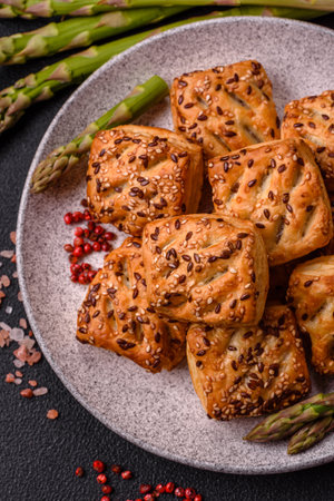 Triangular puffs with feta cheese, tomatoes with salt, spices and herbs on a dark concrete backgroundの写真素材